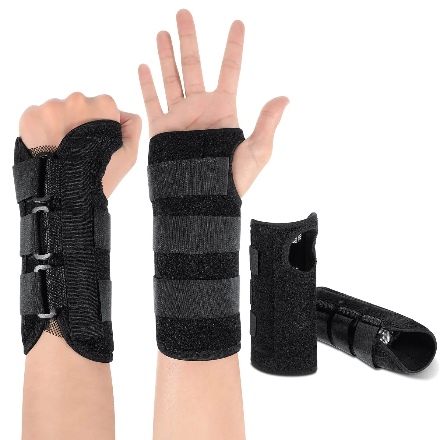 SATINIOR 2 Pieces Carpal Tunnel Wrist Brace Support Removable Metal Wrist Splint Three Adjustable Compression Straps for Tendinitis Sports Injuries Pain Relief (Left and Right Hand) Black
