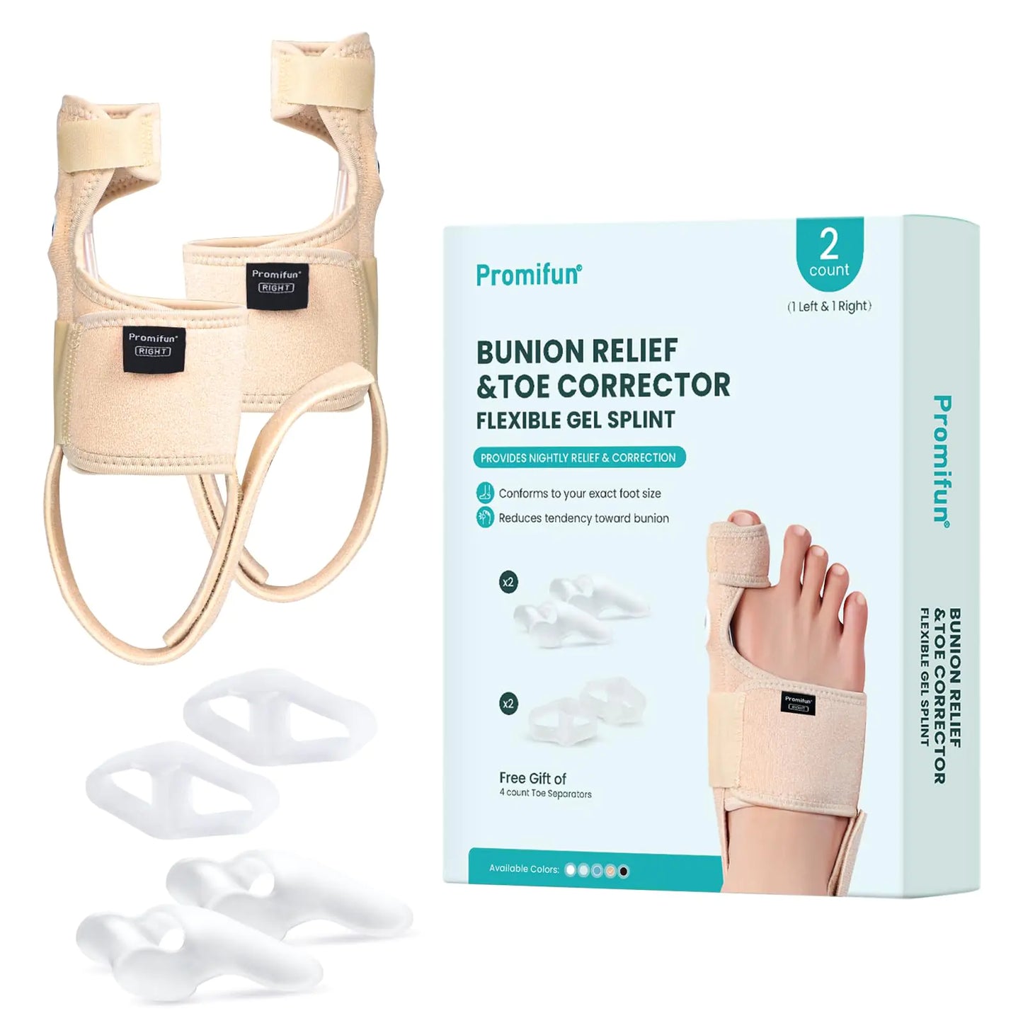 Promifun Bunion Corrector for Women & Men - 1 Pair Adjustable Splint Brace with Soft Gel - Pain Relief Bunion Pads & Toe Straightener with Non-Slip Strap(Beige)