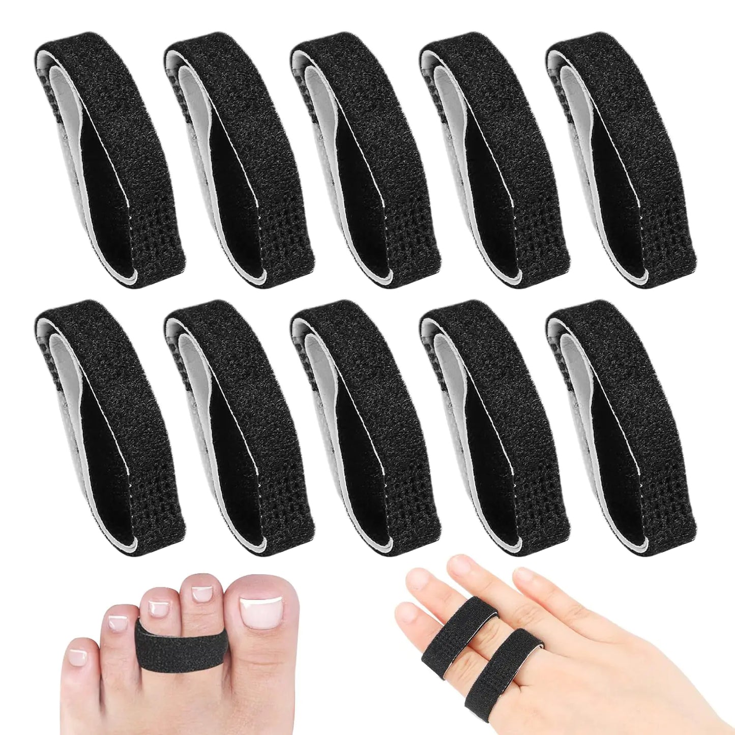 JFHNMLW 10 Pcs Buddy Tape Finger Straps Hook and Loop Splint for Finger Buddy Straps Index Finger Splint Buddy Tape Washable and Reusable Toe Straighteners for Curled Toes to Support (Black)
