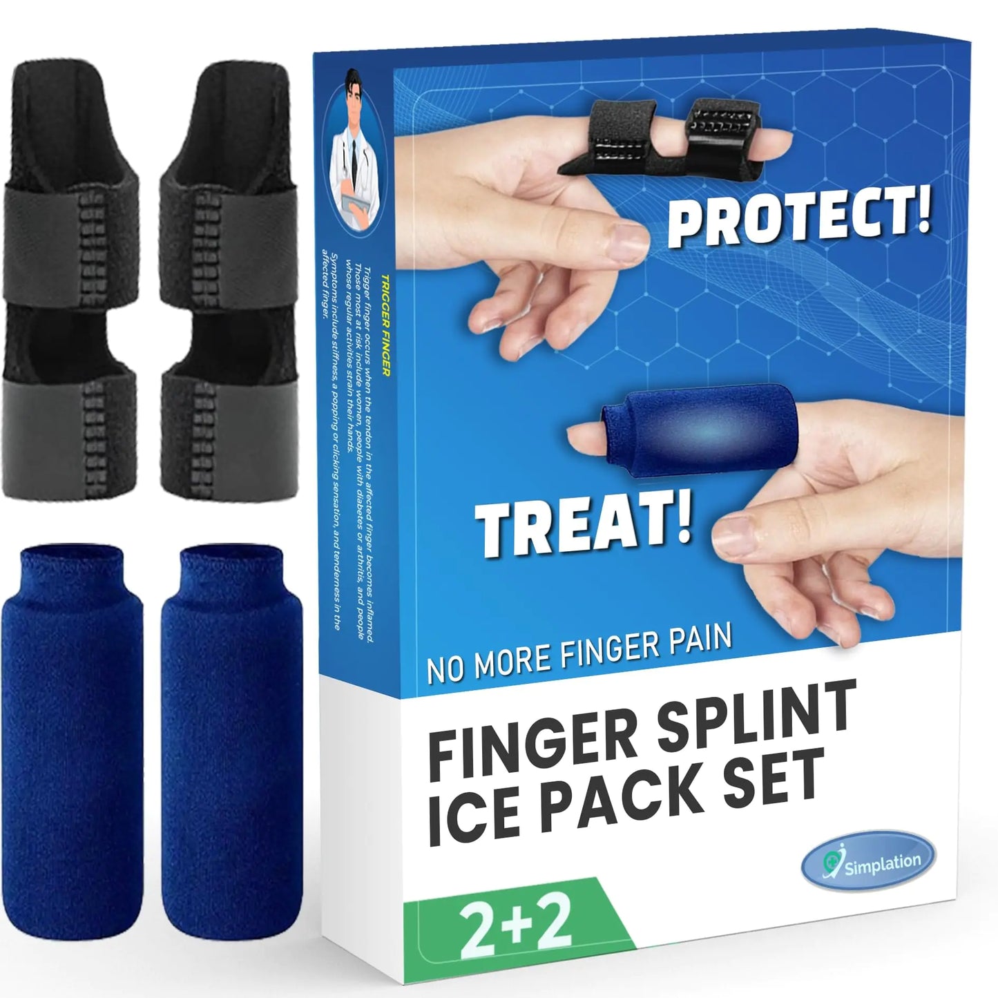 Simplation Trigger Finger Splint and Ice Pack (2+2 Set) for Pain Relief Knuckle Immobilization Straightening Arthritis Injured Mallet Finger Fits Index Middle Ring Finger