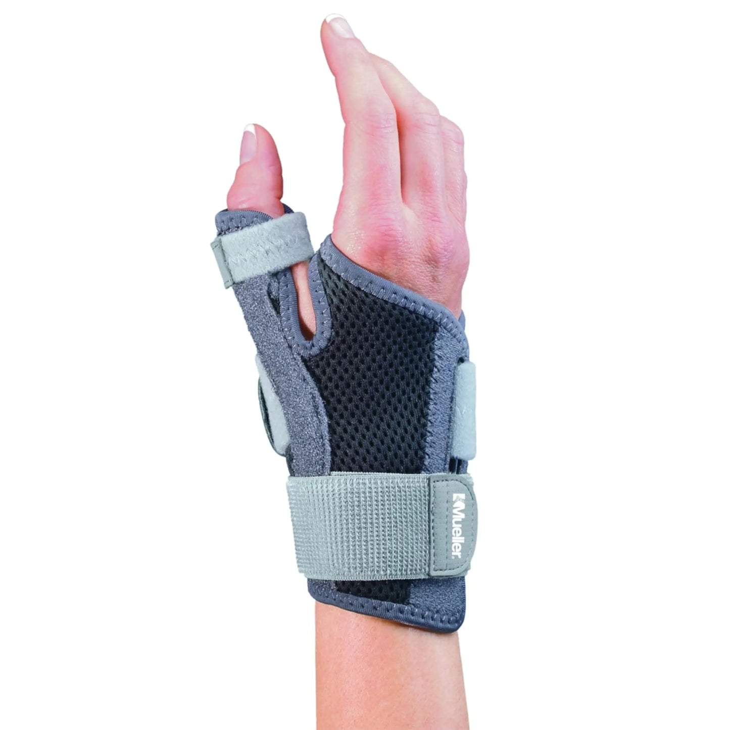 MUELLER Sports Medicine Adjust-to-Fit Thumb Stabilizer Spica Splint Thumb Pain Relief Brace for Men and Women Ideal for De Quervains Tenosynovitis Arthritis Sprains Fits Right or Left Gray One Size