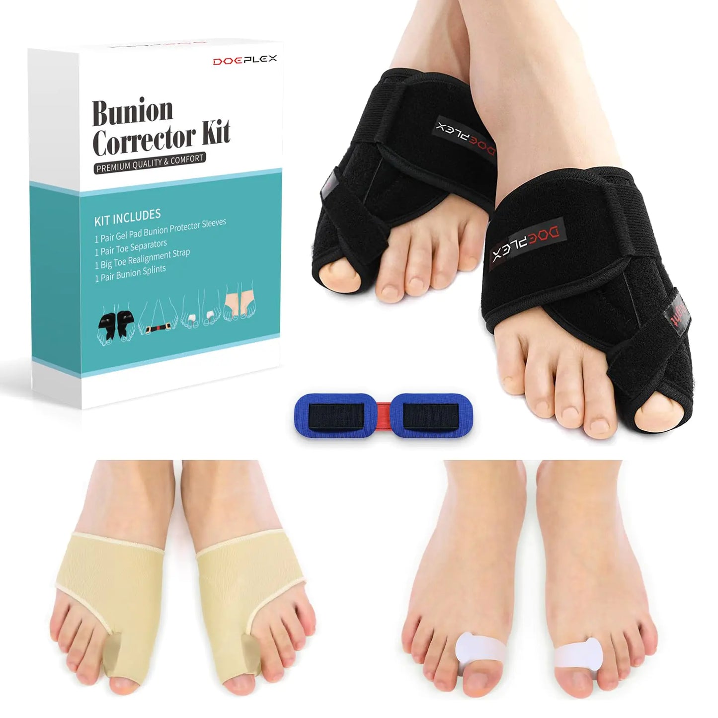 DOEPLEX Bunion Corrector Kit for Women & Men 7Pcs Orthopedic Splint Big Toe Straightener Sleeve and Toe Exercise Strap for Pain Relief Hallux Valgus Foot Protector Brace for Day/Night Support