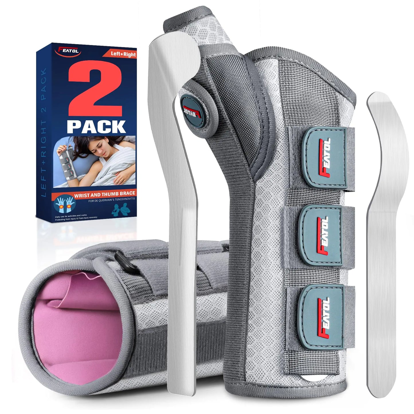 FEATOL 2 Pack Wrist Brace with Thumb Spica Splint for De Quervains Tenosynovitis Carpal Tunnel Tendonitis Arthritis-Thumb Brace for Pain Relief-Left & Right-M/L-White Pink
