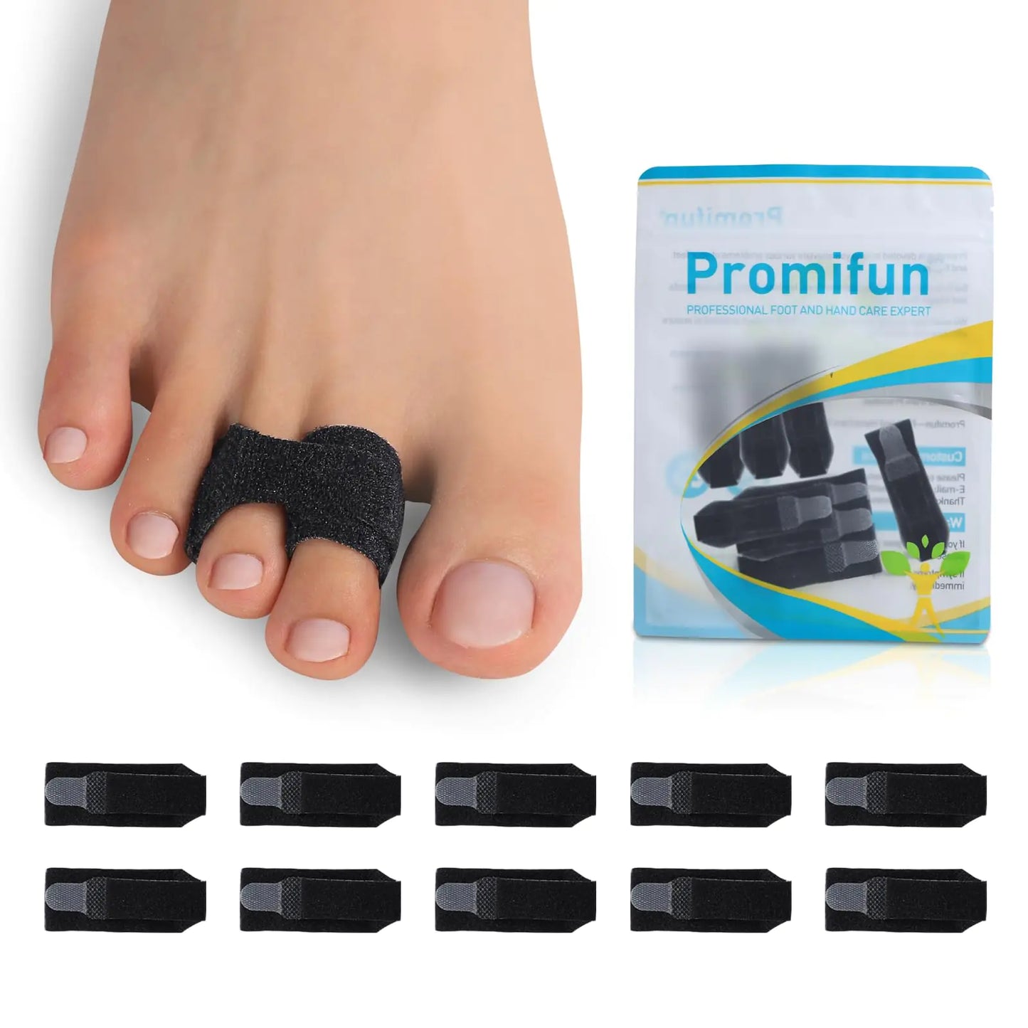 Promifun 10 Pack Hammer Toe Corrector Toe Splint For Broken ToesBrace Orthopedic Separator Cushioned Bandages Heal Wrap Toe Straighteners for Crooked Toes (Black+10S