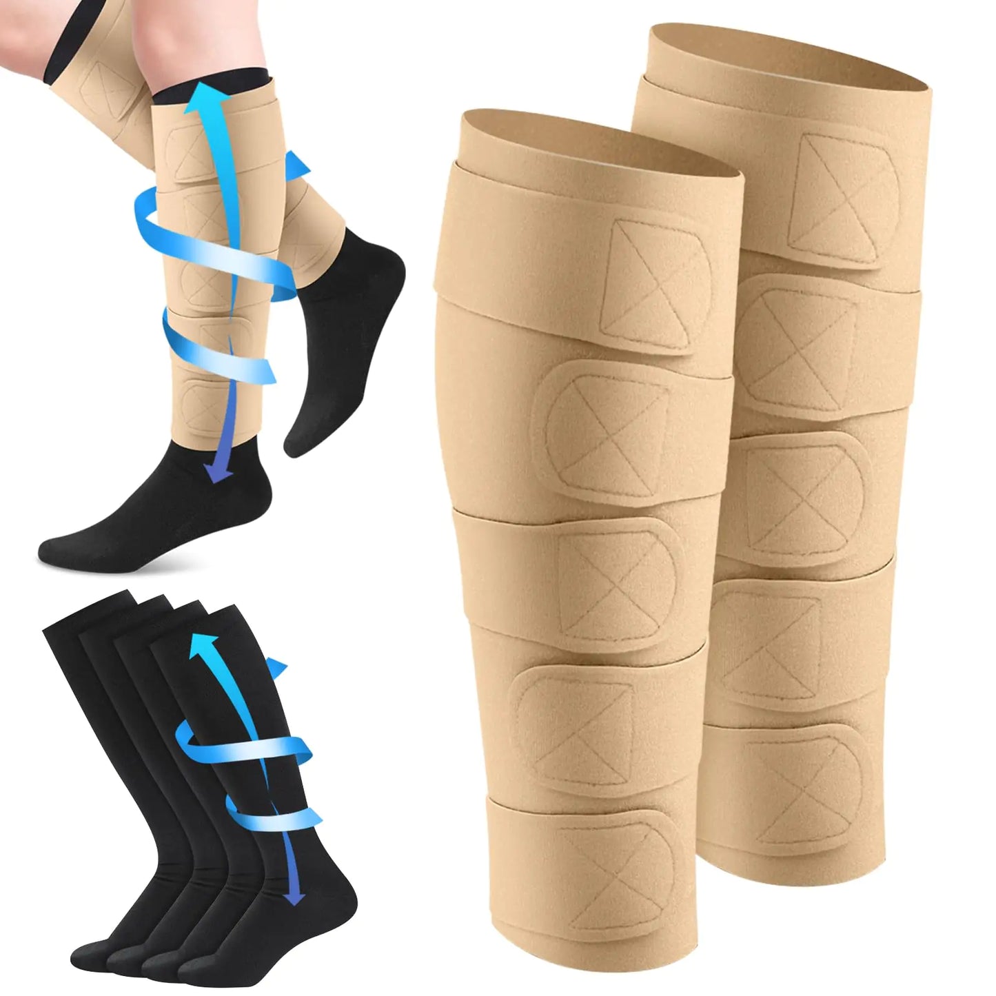 Floraltop 3 Pairs Lymphedema Compression Leg Wraps Kit 20-30 Mmhg Medical Shin Splint Compression Wrap with Compression Socks(Nude and Black)