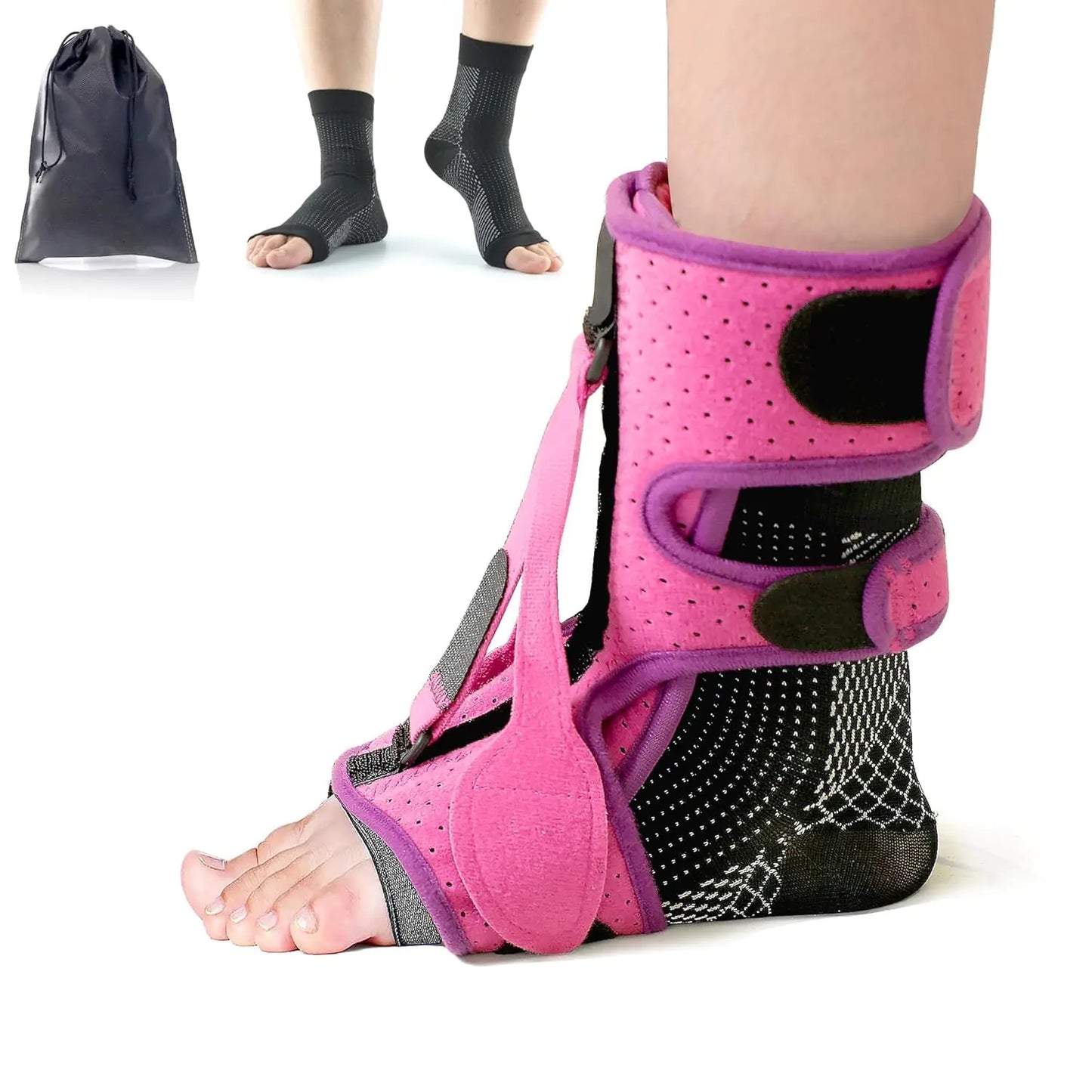 FINFINLIFE Plantar Fasciitis Night Splint with Fasciitis Socks Planters Facetious Relief Heel Spur Achilles Tendonitis Foot Drop Orthotic Brace Day Night Women(Pink)