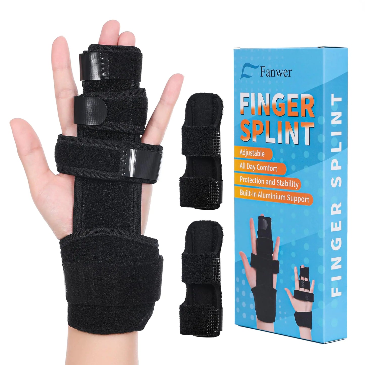 Fanwer Two Finger Splint Set(3PCS) Reversible Trigger Finger Splint Adjustable Full Hand and Wrist Brace Support Knuckle Straightening Immobilizer for Arthritis Mallet Finger Sprains Tendonitis