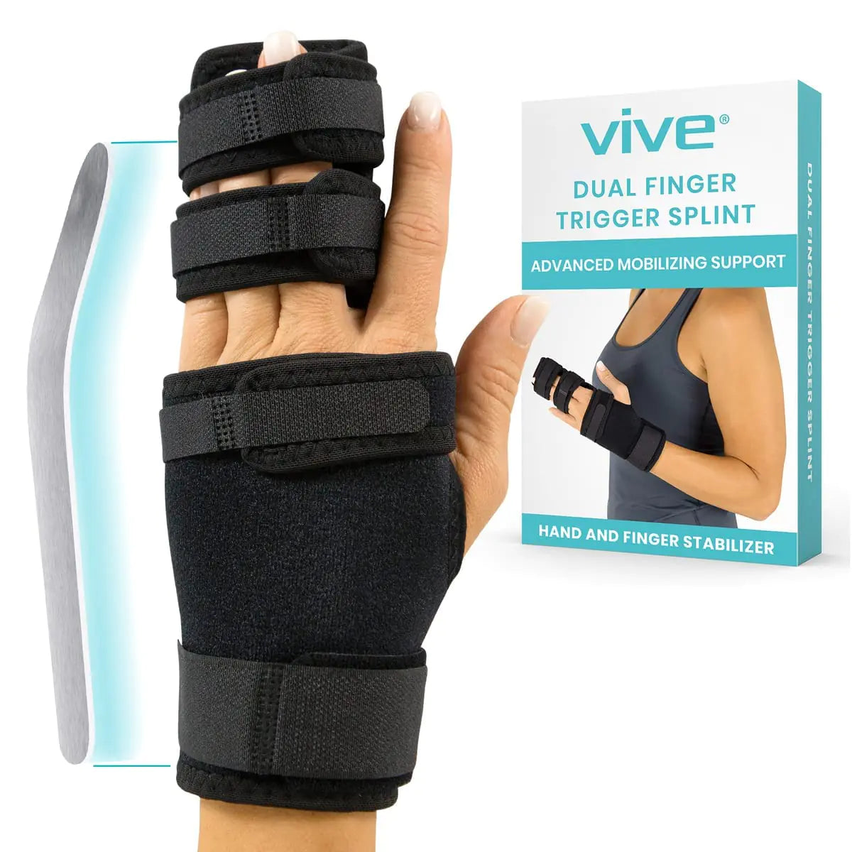 Vive Trigger Finger Splint - 2 Finger Brace for Middle Index Pinky or Ring Fingers - Adjustable Hand and Wrist Support - Straightening Immobilizer for Broken Fingers Arthritis and Contractures
