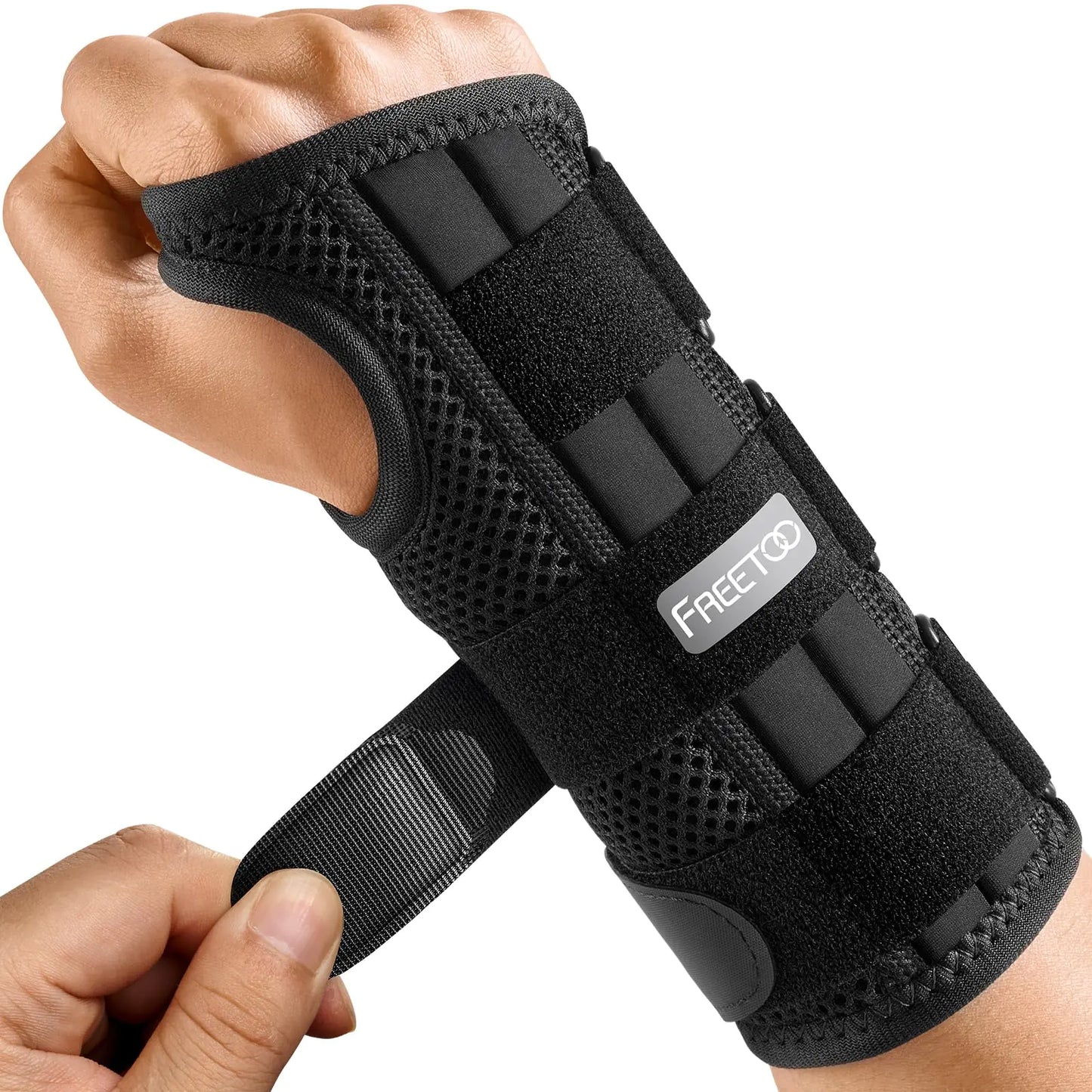 FREETOO Lengthened Wrist Brace for Carpal Tunnel Relief Stronger Wrist Support with 3 Stays Women Men Adjustable Splint for Right Hand Tendonitis Arthritis Sprains Black(Right Hand S/M)