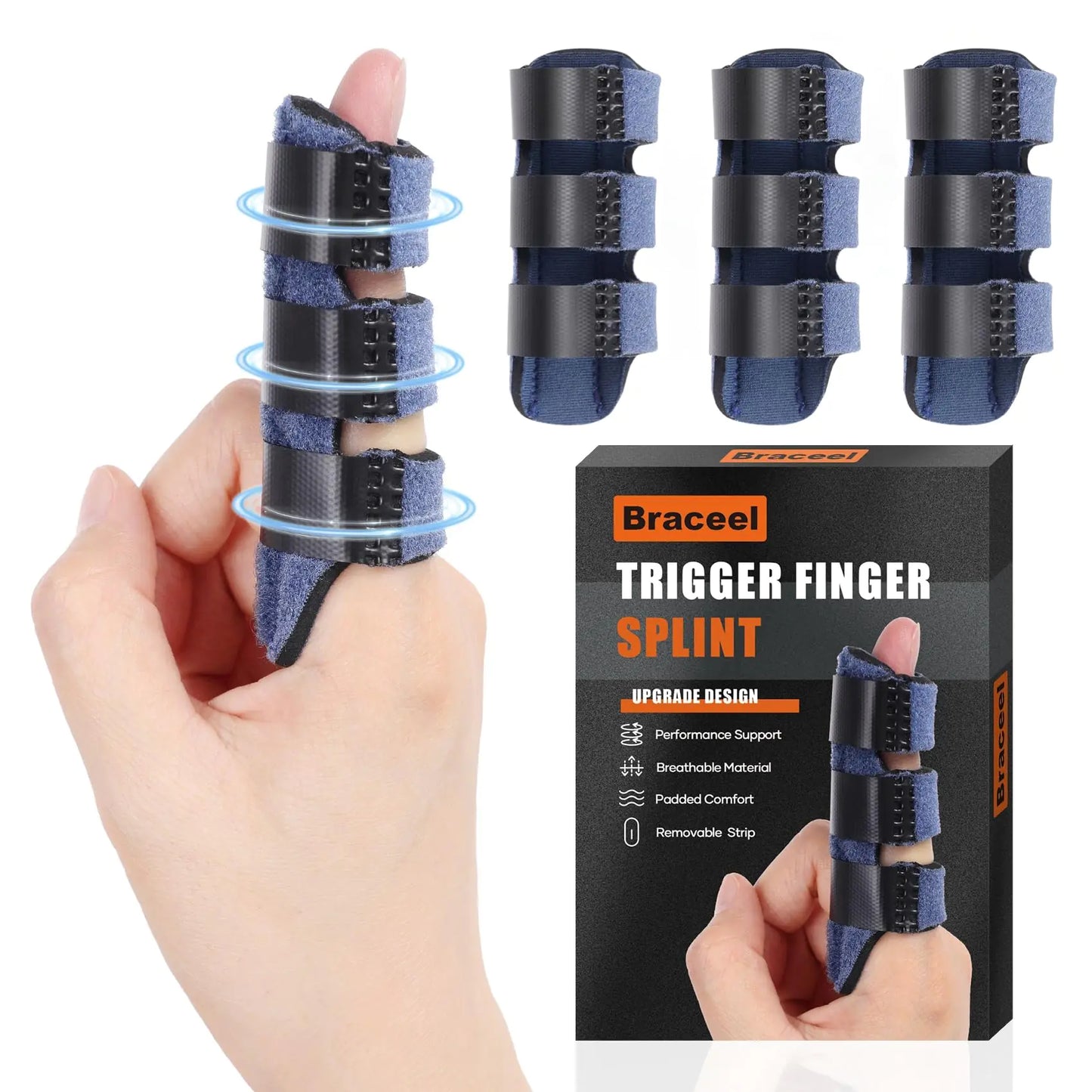 Braceel Trigger Finger Splint Finger Brace for Arthritis Injury Sprain Finger Straightening - Finger Splints for Index Middle Ring Finger Pain Relief -Blue (3 Blue Regular)