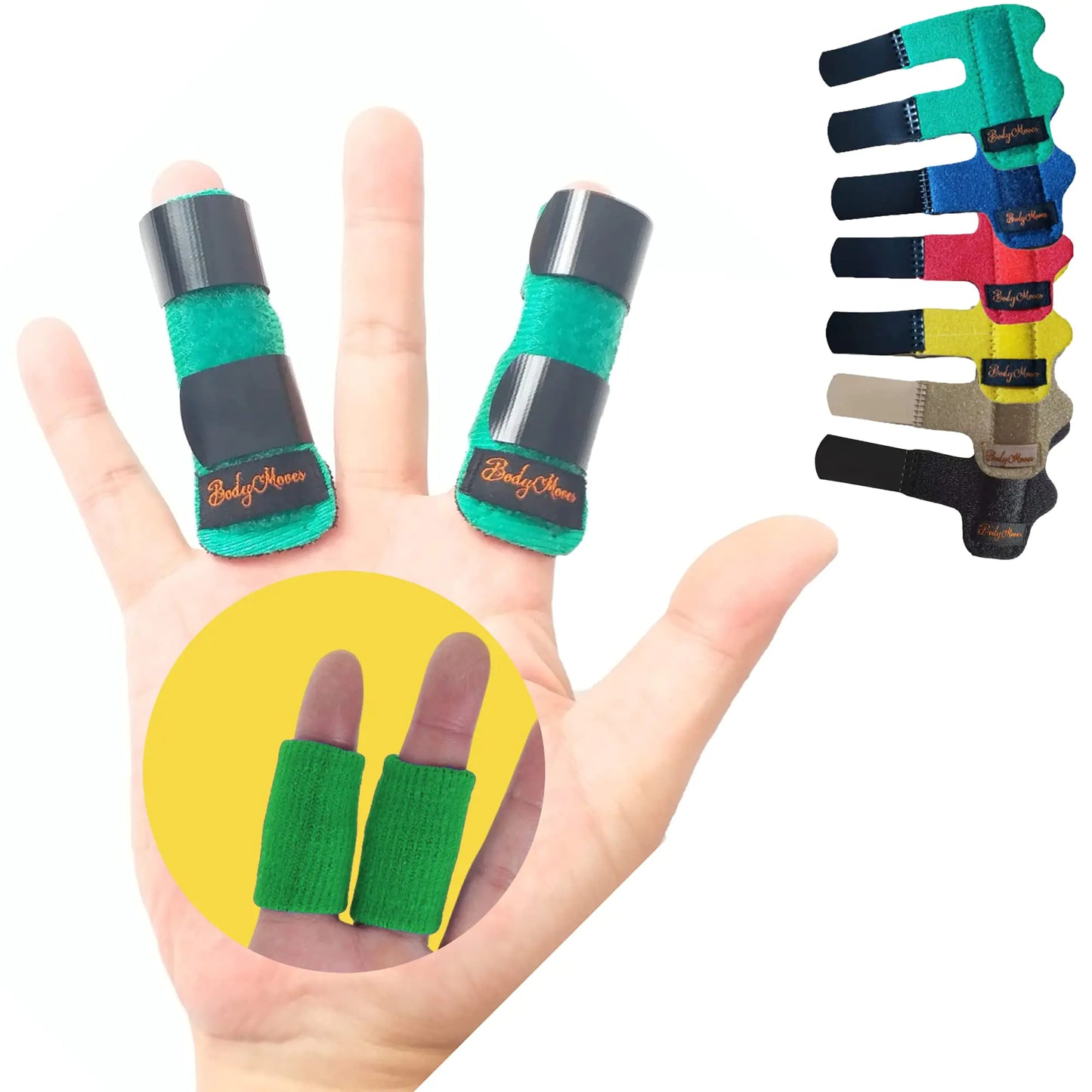 BodyMoves 2 Finger Splint plus 2 sleeves for Trigger Mallet Broken Finger brace joint support for men and women- ideal for seniors (4 pc set Forest Green)