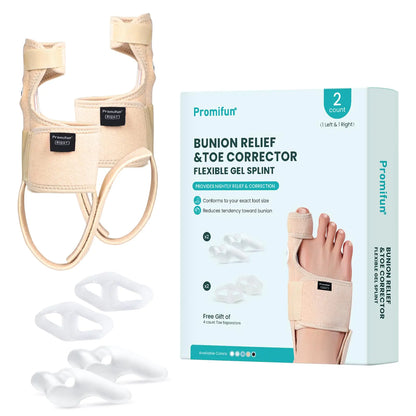 Promifun Bunion Corrector for Women & Men - 1 Pair Adjustable Splint Brace with Soft Gel - Pain Relief Bunion Pads & Toe Straightener with Non-Slip Strap(Beige)