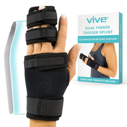 Vive Trigger Finger Splint - 2 Finger Brace for Middle Index Pinky or Ring Fingers - Adjustable Hand and Wrist Support - Straightening Immobilizer for Broken Fingers Arthritis and Contractures