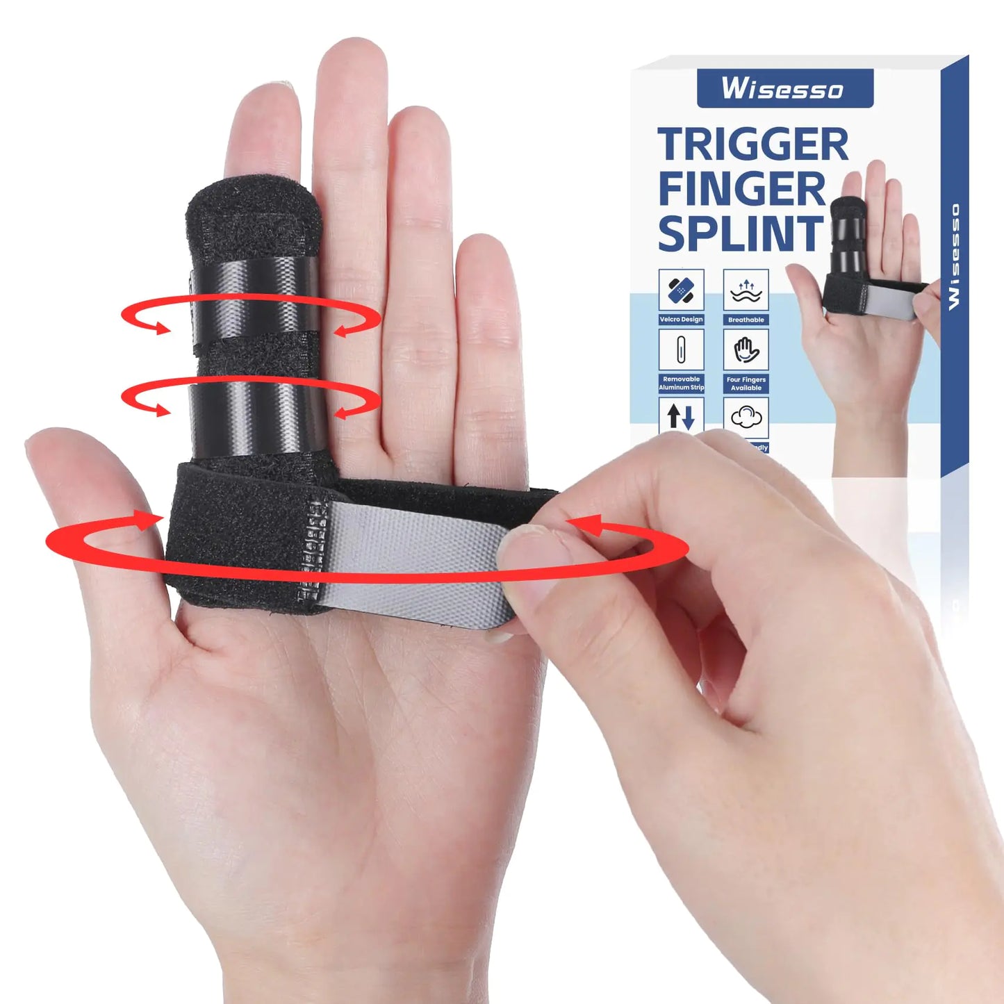 Wisesso Trigger Finger Splint Index Finger Splint with 3 Adjustable Straps for Straightening & Broken & Pointer Finger Knuckle Splint Fits Index/Middle/Ring/Pinky Finger- Left and Right Hand Black 1 Pack